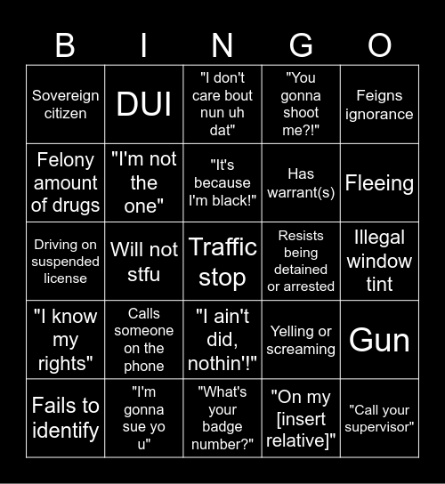 Traffic Stop Bodycams Bingo Card