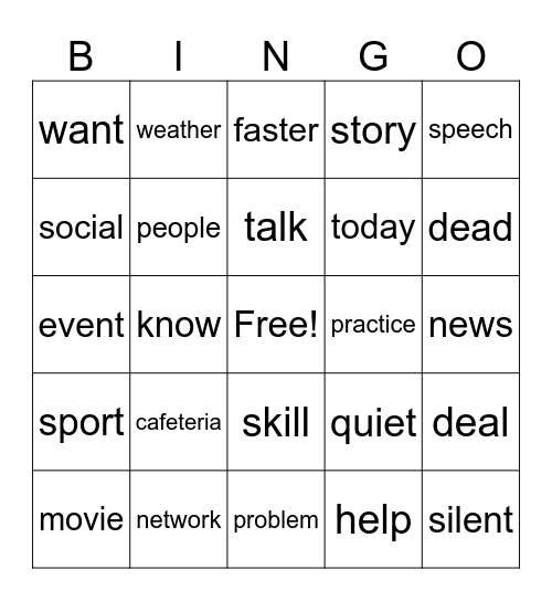 cafeteria Bingo Card
