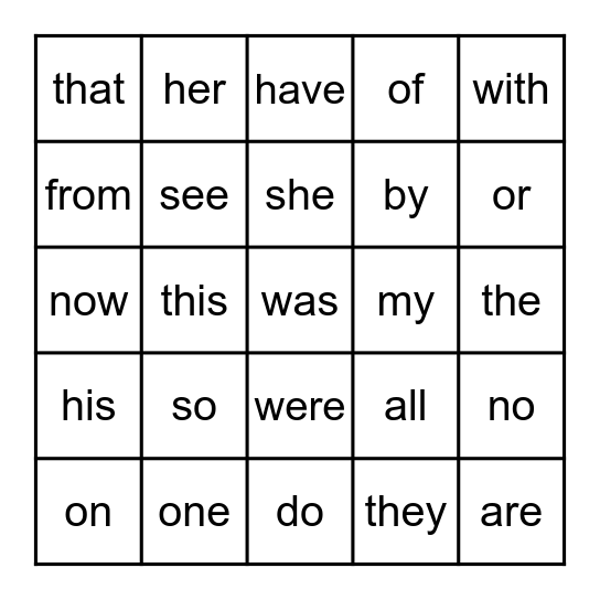 Sight Word Bingo - List 1 Bingo Card