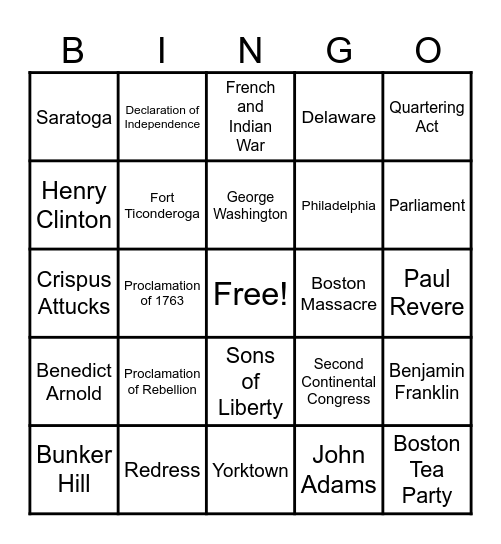 American Revolution Bingo Card