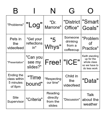 Practicum Class Bingo Card
