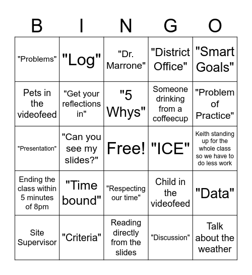Practicum Class Bingo Card