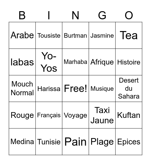 Tunisie Bingo Card