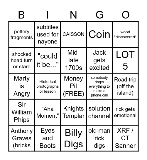Curse of Oak Island Bingo Card