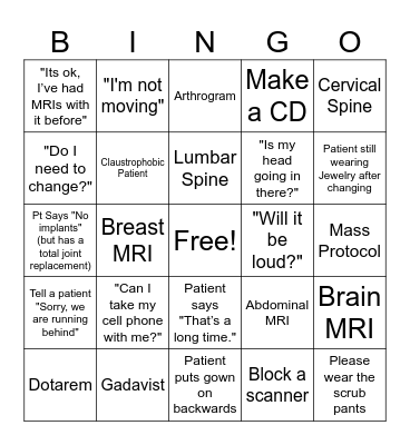 MRI BINGO Card