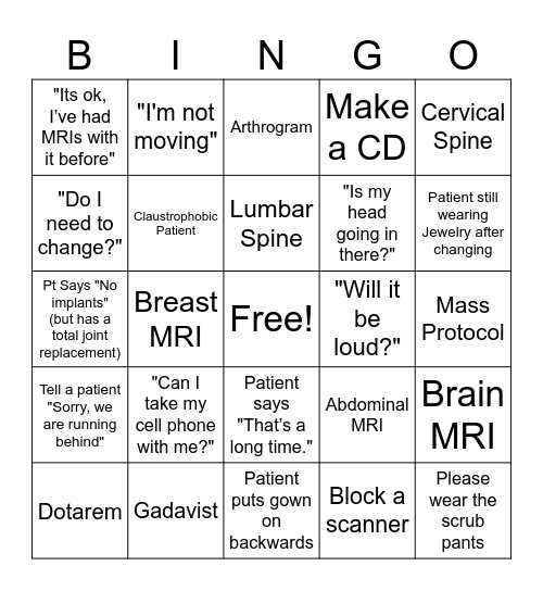 MRI BINGO Card