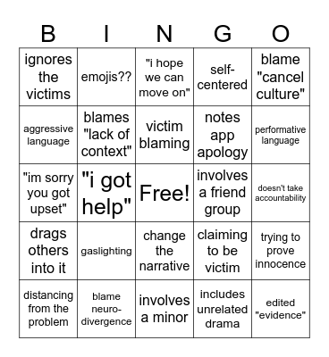 Bsky Apology/Drama Bingo Card