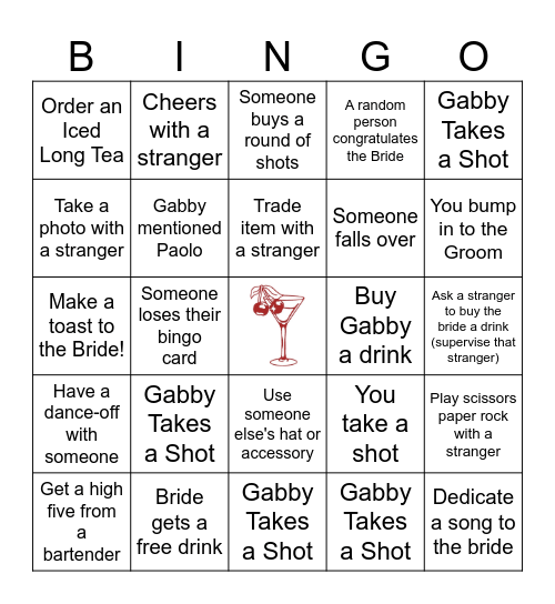 Bar Crawl Bingo Card