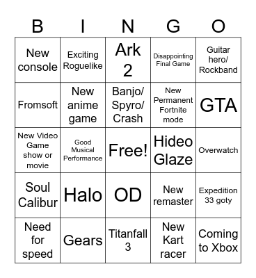 TGA Bingo Card