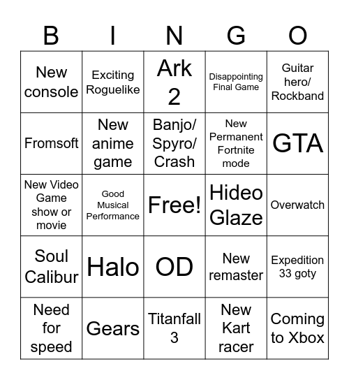 TGA Bingo Card