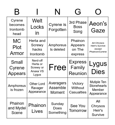 Honkai: Star Rail 3.7 Story Bingo Card