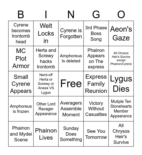 Honkai: Star Rail 3.7 Story Bingo Card