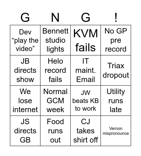 Control Room Bingo Card