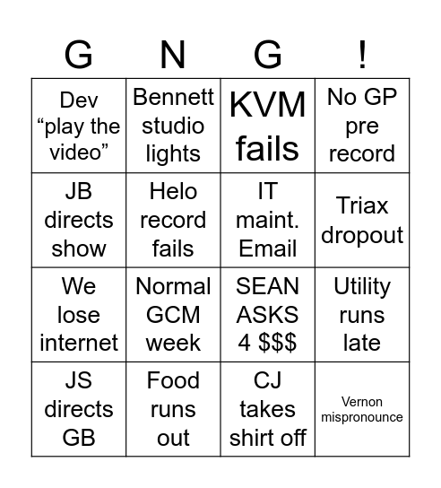 Control Room Bingo Card