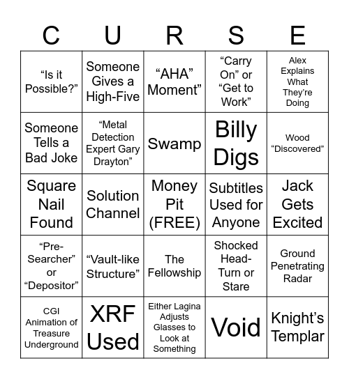 Curse of Oak Island Bingo Card