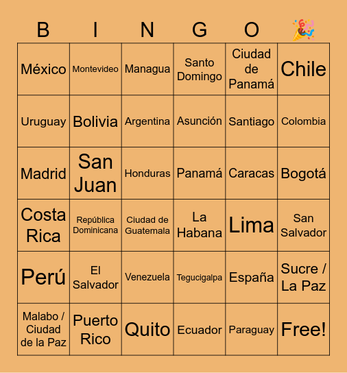Hispanic Culture Club Bingo Card