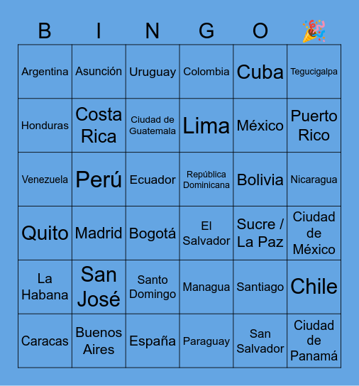 Hispanic Culture Club Bingo Card