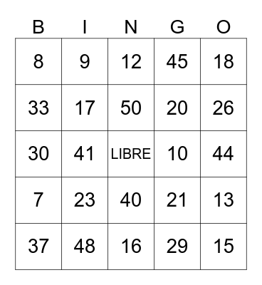 NUMEROS 1-50 Bingo Card