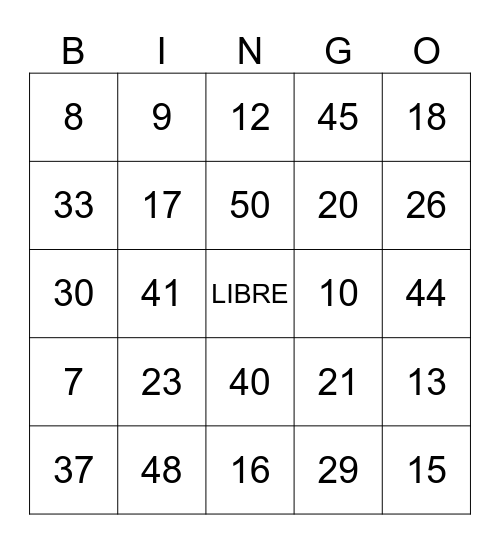 NUMEROS 1-50 Bingo Card