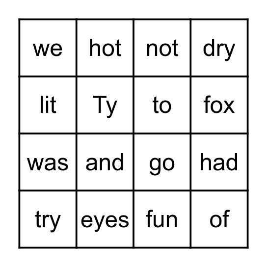 The Flying Fox.   "y" = "i" Bingo Card
