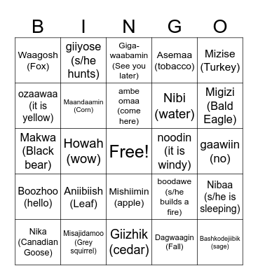 Ojibwe Fall Words Bingo Card