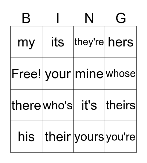 Possessive Pronouns vs. Contractions Bingo Card