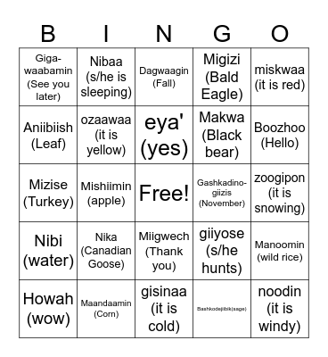 Ojibwe Fall Bingo Card
