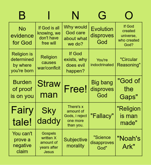 Atheist Bingo Card Bingo Card