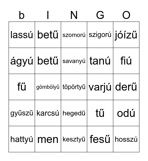u-ú-ü-ű a szavak végén Bingo Card