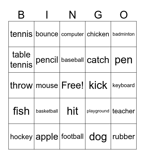 In the playground Bingo Card