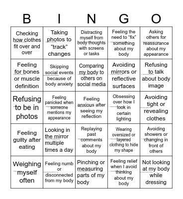 Body Image Bingo Card