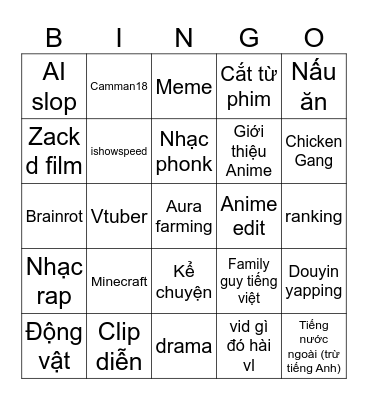 YOUTUBE SHORT Bingo Card