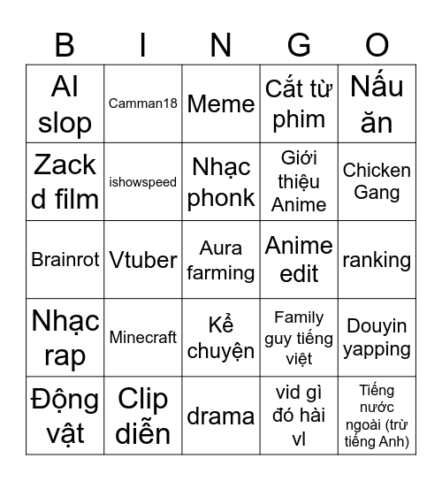 YOUTUBE SHORT Bingo Card