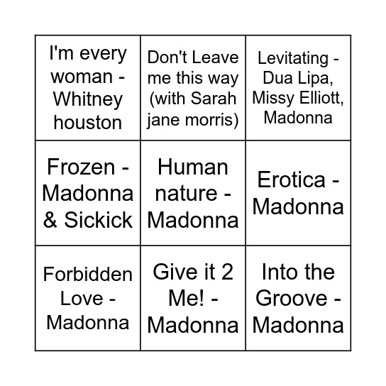 Madonna - Musikbanko Bingo Card