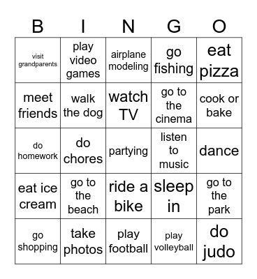 weekend activities Bingo Card