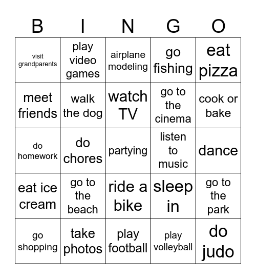 weekend activities Bingo Card