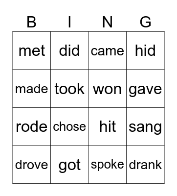 Irregular verbs Past Simple Bingo Card