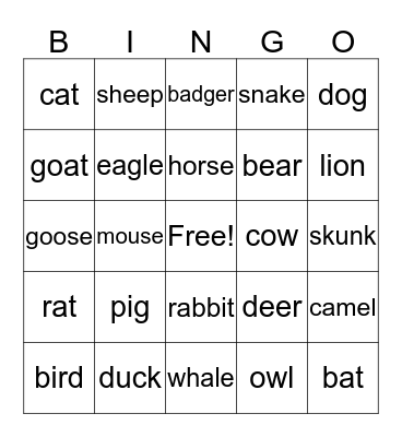 Animal Kingdom Bingo Card