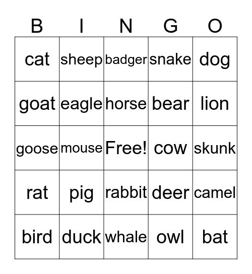 Animal Kingdom Bingo Card