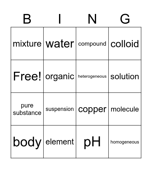Pure Substance and Mixtures Bingo Card