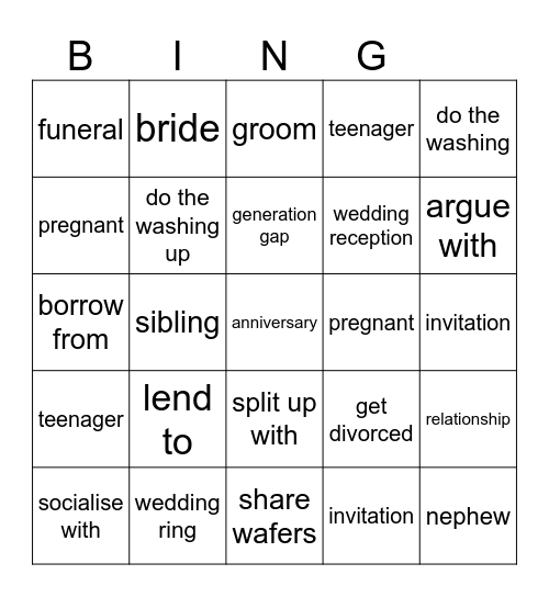 Życie prywatne unit 3 Bingo Card