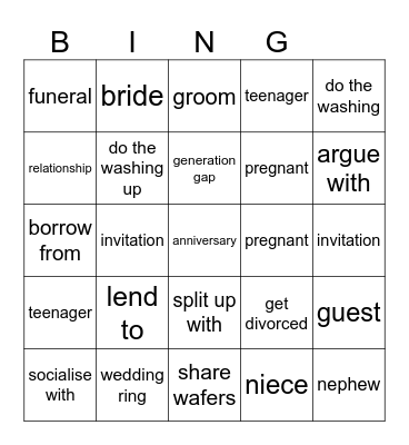 Życie prywatne unit 3 Bingo Card