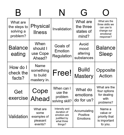 DBT Emotion Regulation Bingo Card
