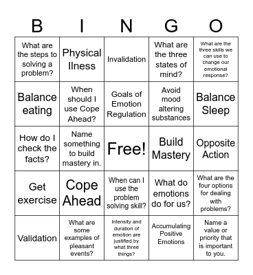 DBT Emotion Regulation Bingo Card