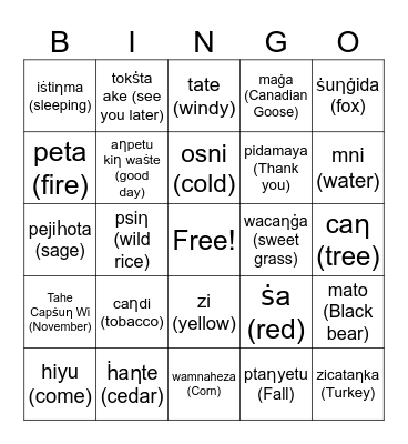 Dakota Fall Bingo Card