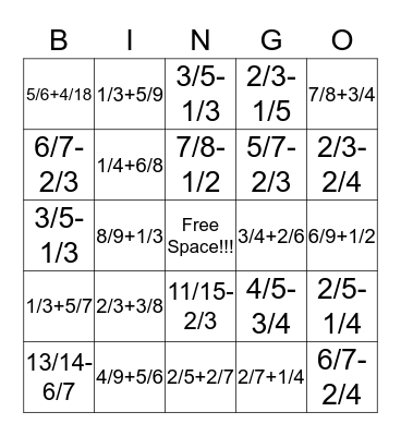 Fraction Bingo Card