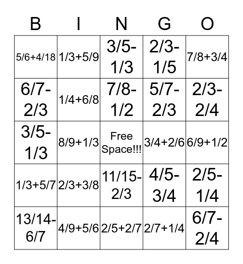 Fraction Bingo Card