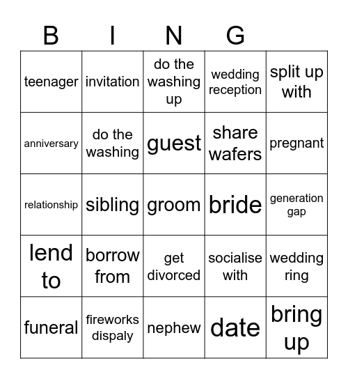 Życie prywatne unit 3 Bingo Card