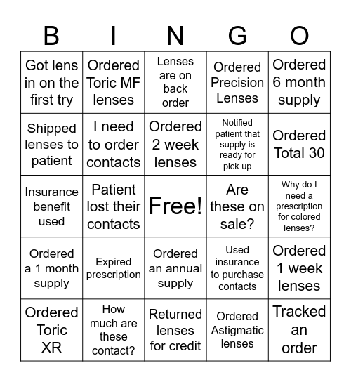 Contact Lens Bingo Challenge Bingo Card