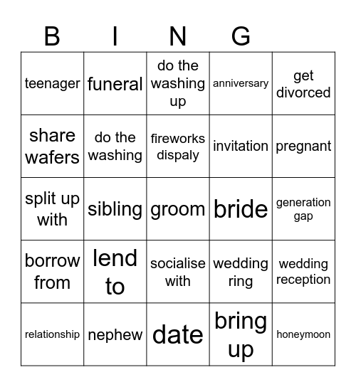 Życie prywatne unit 3 Bingo Card